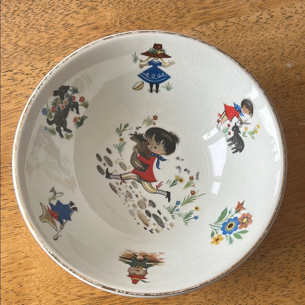 Vintage Ceramic Bowl with Colorful Illustrations